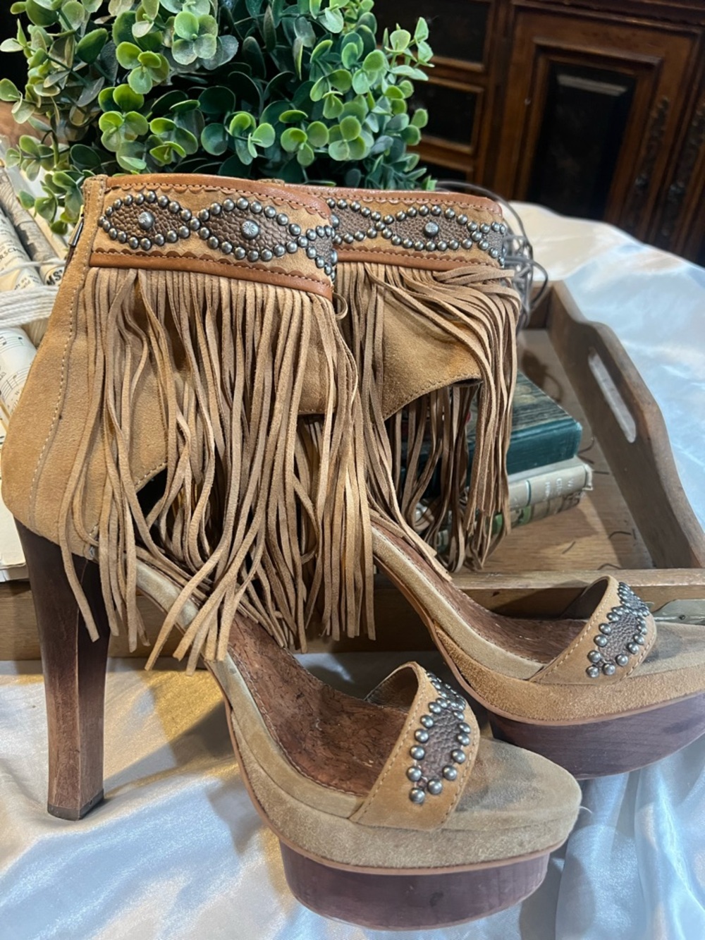 Sam Edelman Tan Fringe Suede Platform Heels with Studs